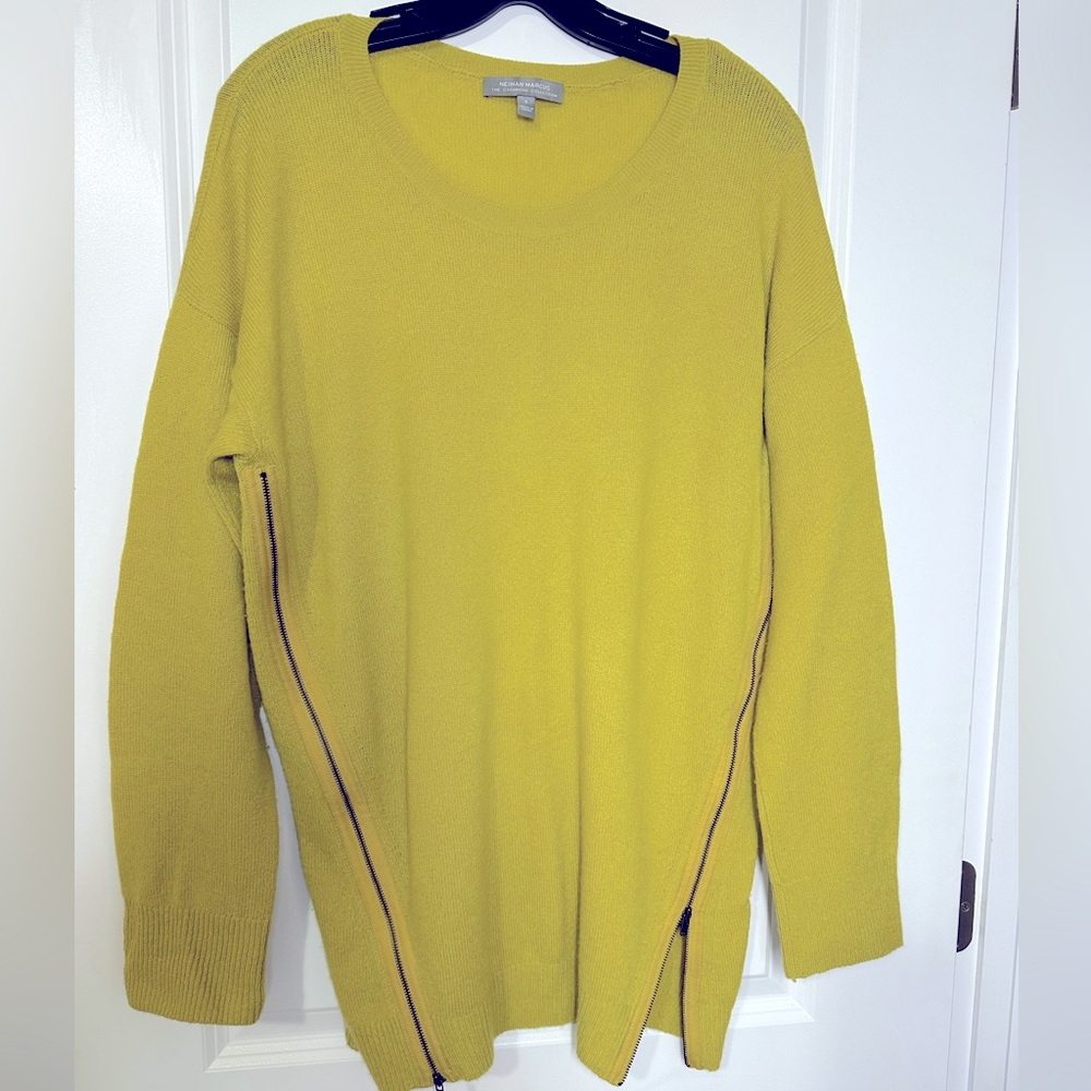 Neiman Marcus Chartreuse Zipper Cashmere Sweater
